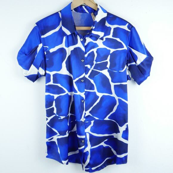Roberto Cavalli 48 Blouse 100% Silk Blue Print Statement Sleeve Luxury Elegant